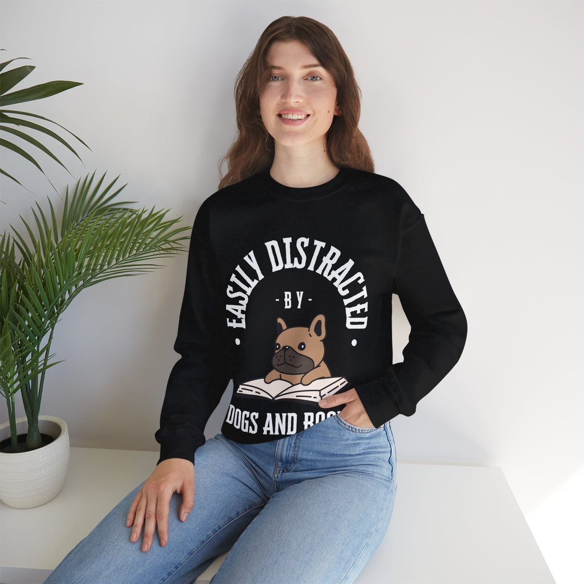 Dog Lover Crewneck Sweatshirt - Easily Distracted by Dogs and Books - Novel Paws
