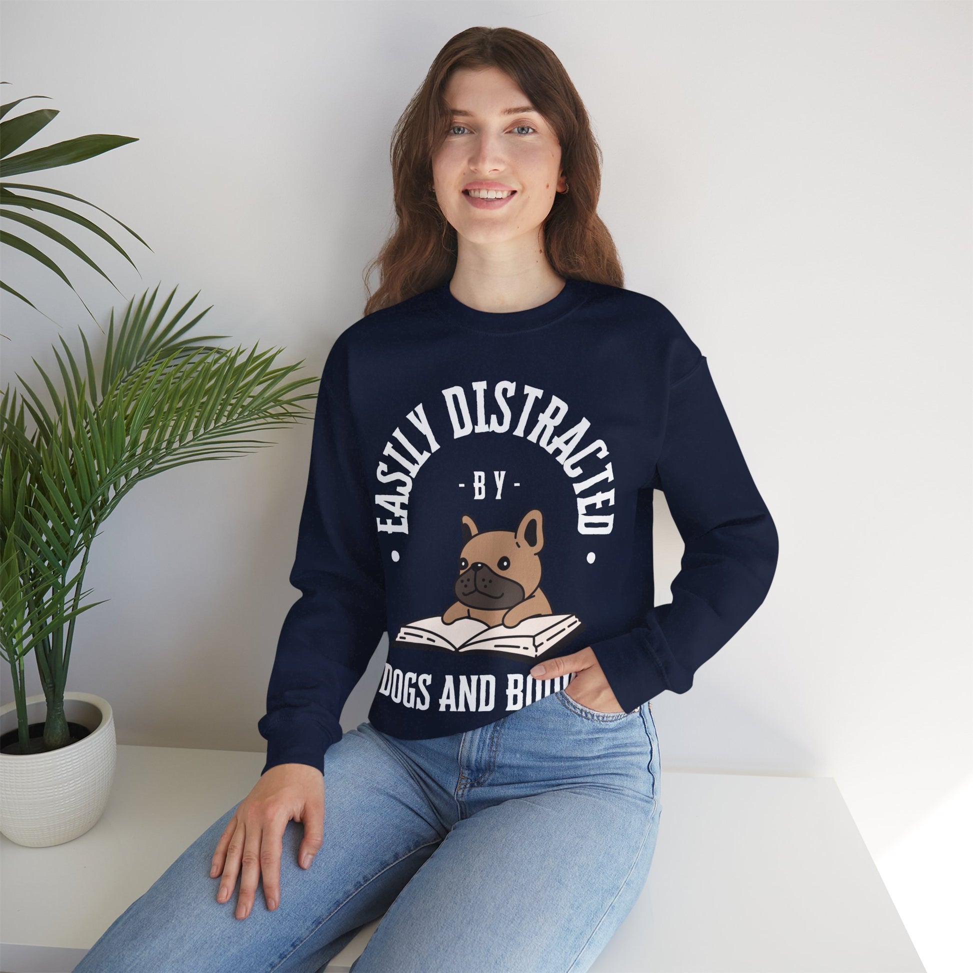 Dog Lover Crewneck Sweatshirt - Easily Distracted by Dogs and Books - Novel Paws