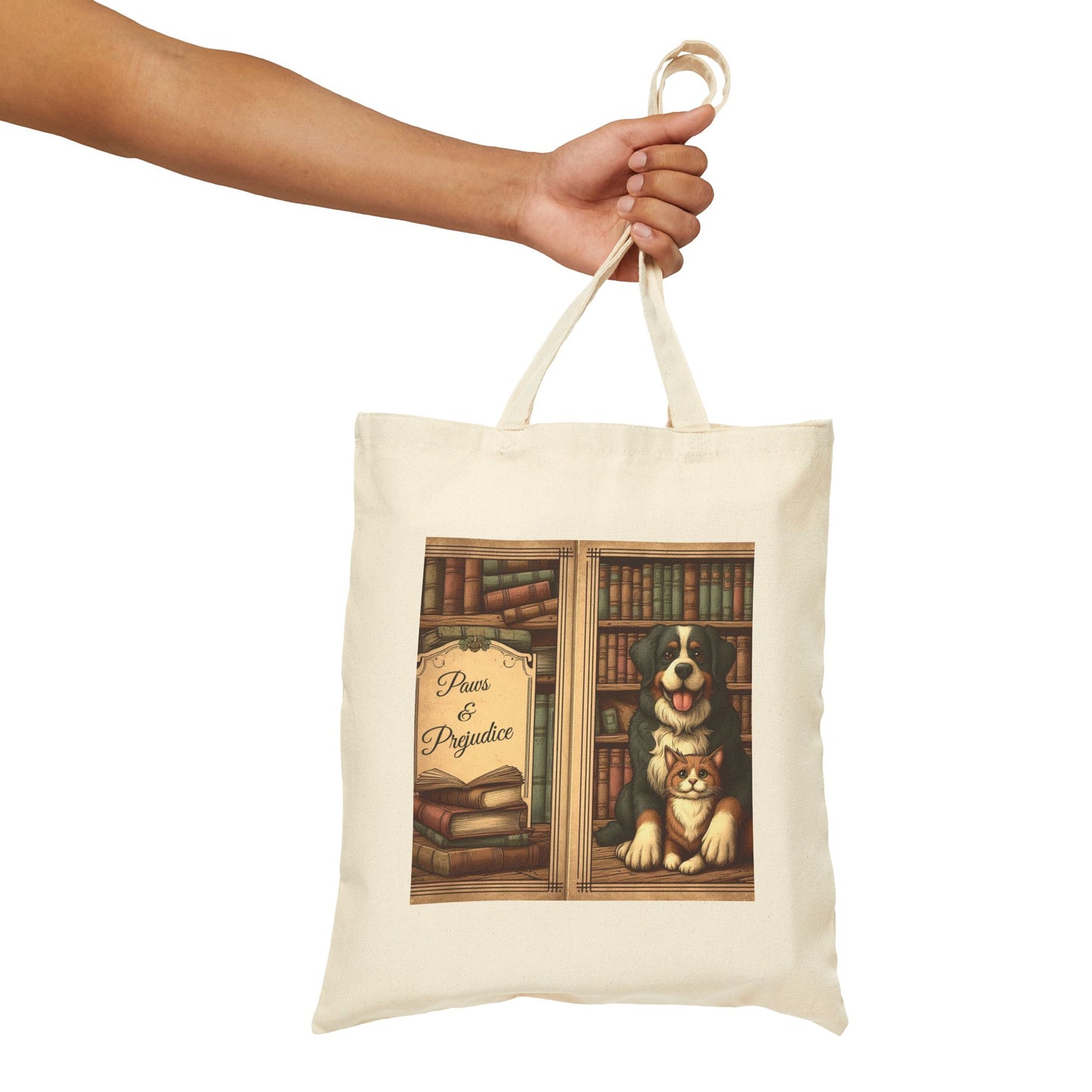 Canvas Tote Bag - Paws & Prejudice Cute Dog and Cat Library Design