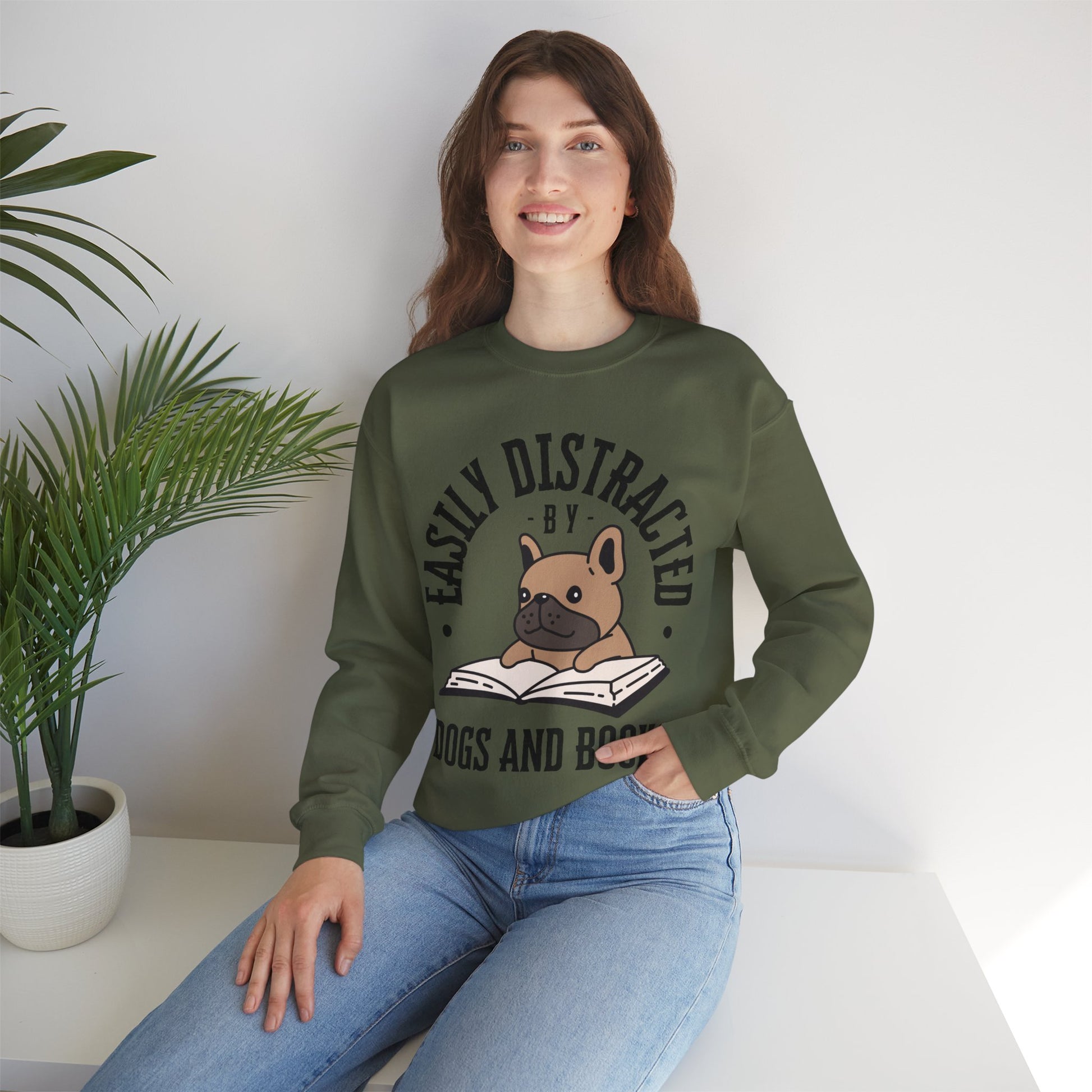 Dog Lover Crewneck Sweatshirt - Easily Distracted by Dogs and Books - Novel Paws