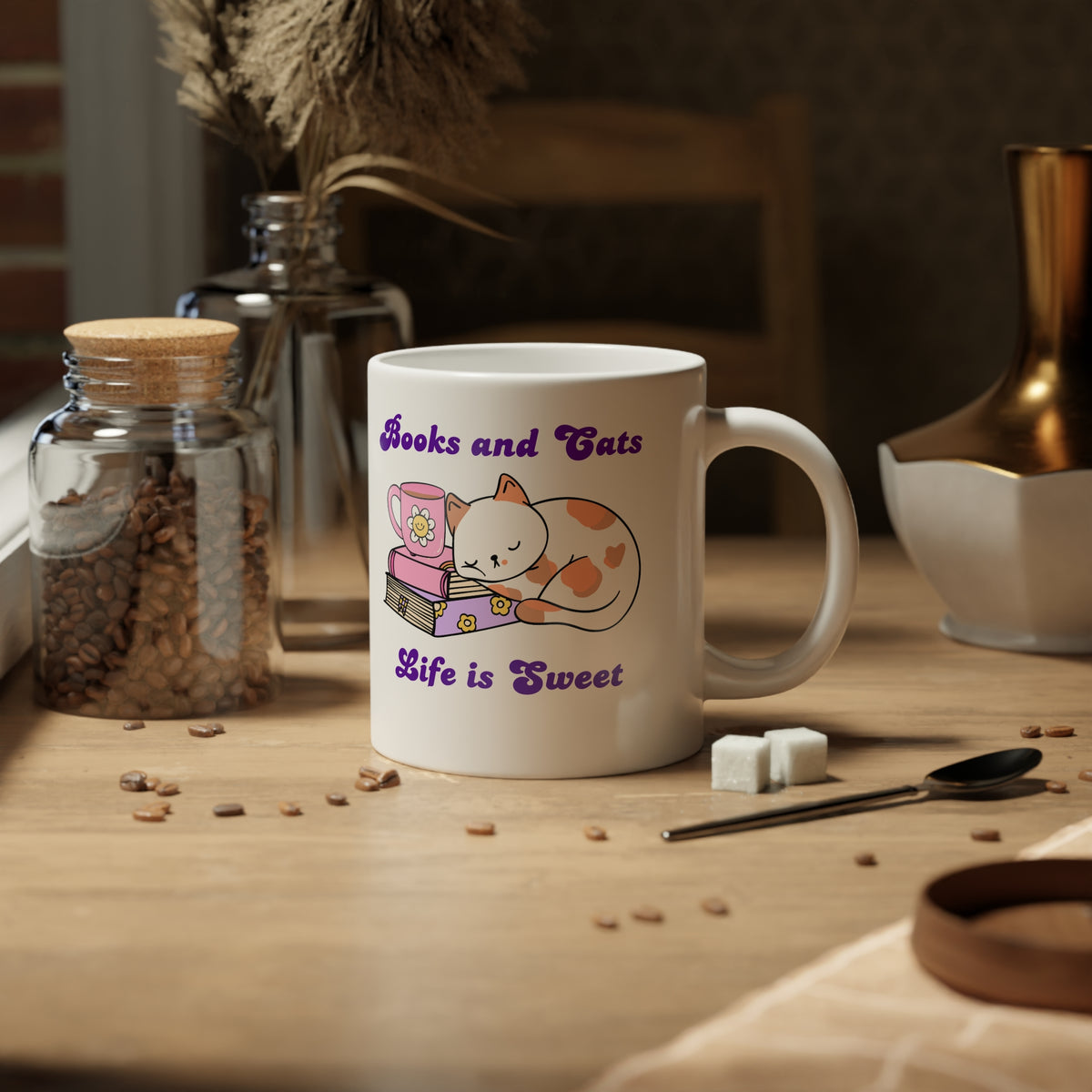 Books & Cats Jumbo Mug — 20oz Cute Reading Cat Coffee Cup