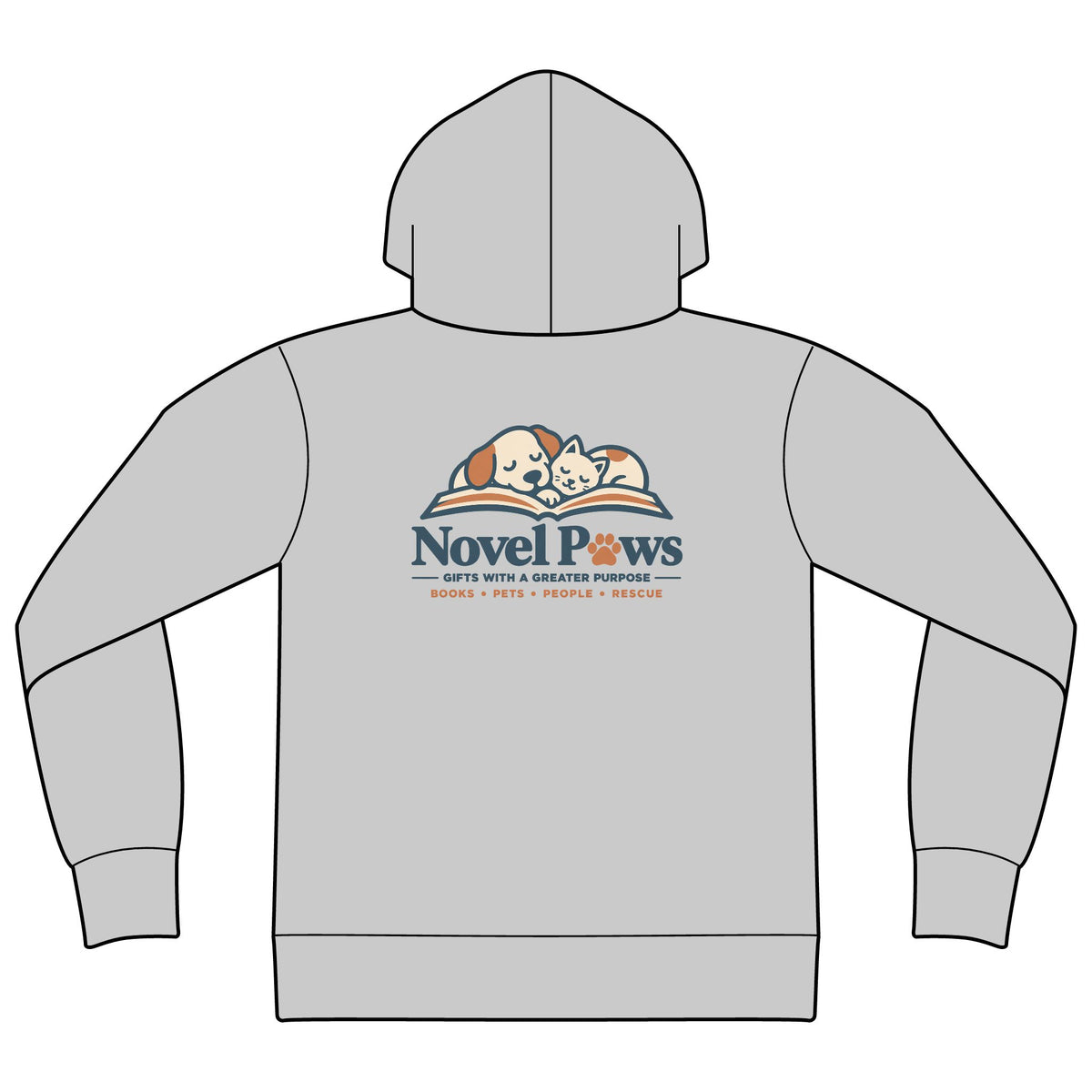 A light gray pullover hoodie shown from the back, featuring a 'Novel Paws' graphic printed on the center back. The graphic depicts a cartoon illustration of a sleeping dog and cat on an open book, with the text 'Novel Paws' in navy blue and smaller orange text below reading 'BOOKS • PETS • PEOPLE • RESCUE'.