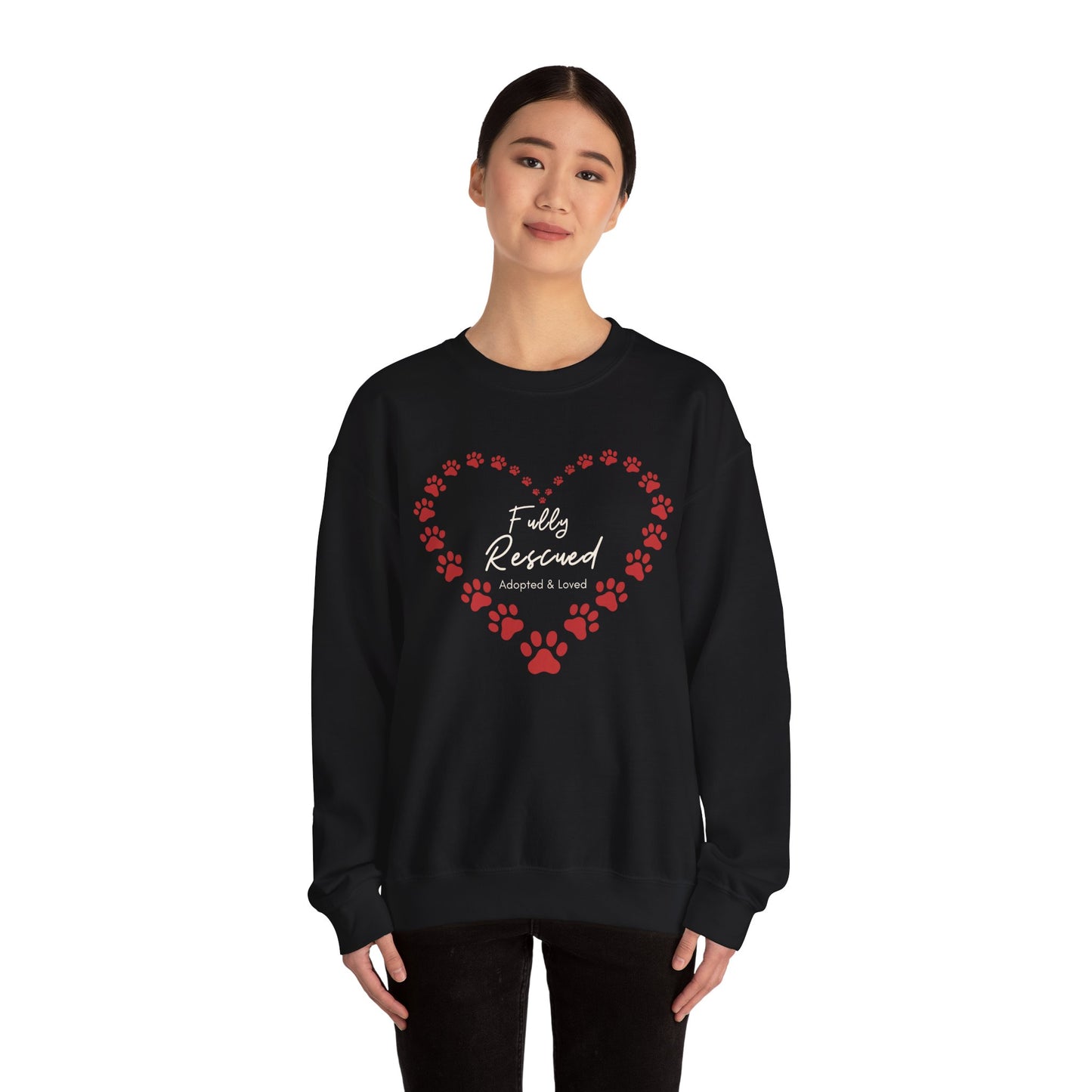 Rescue Dog Sweatshirt “Fully Rescued” – Paw Heart Crewneck, Adopt Don’t Shop Gift - Novel Paws