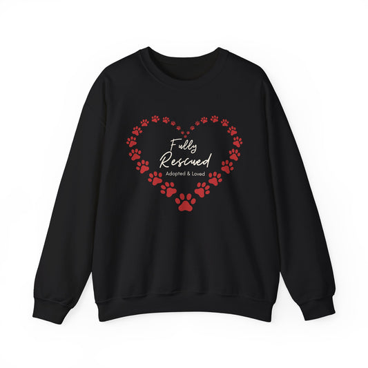 Rescue Dog Sweatshirt “Fully Rescued” – Paw Heart Crewneck, Adopt Don’t Shop Gift - Novel Paws