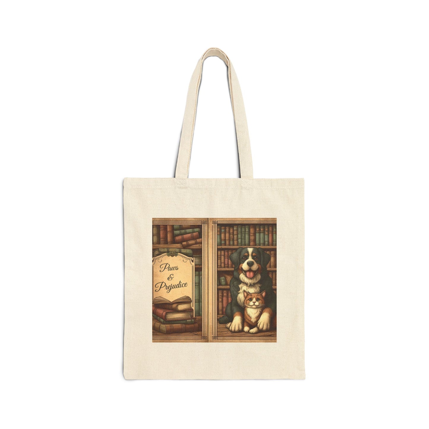 Canvas Tote Bag - Paws & Prejudice Cute Dog and Cat Library Design