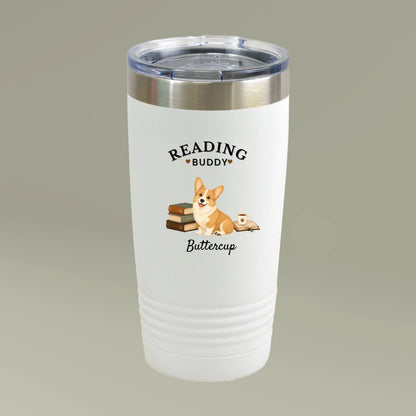 White tumbler with a corgi illustration and text on a gray background