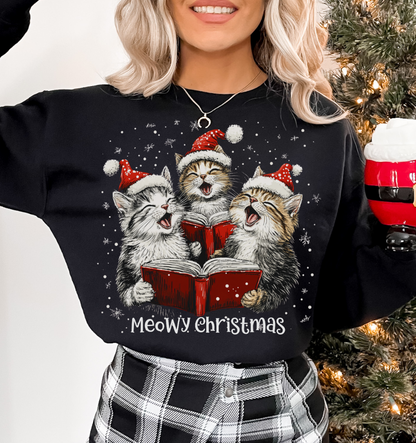 Christmas Kittens Crewneck Sweatshirt - Meowy Christmas Fun Quote - Novel Paws
