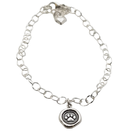 Sterling Silver Paw Medallion Charm Bracelet + Puff Heart - Novel Paws