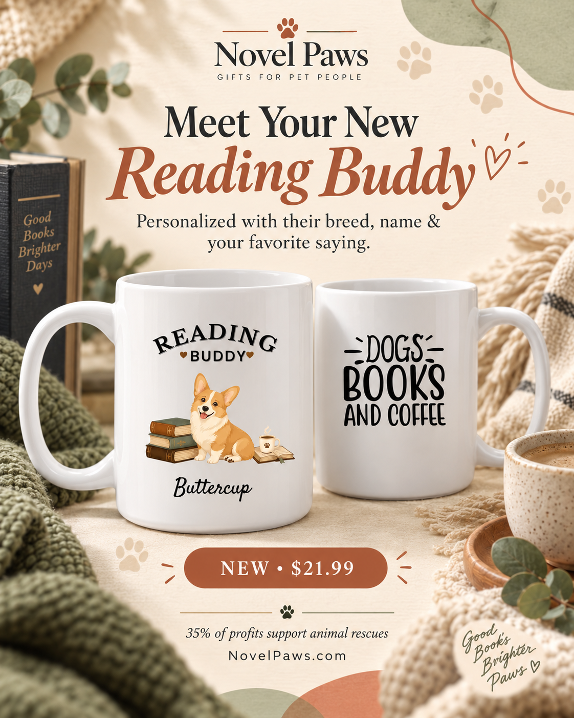 Personalized Reading Buddy Dog Mug -15oz