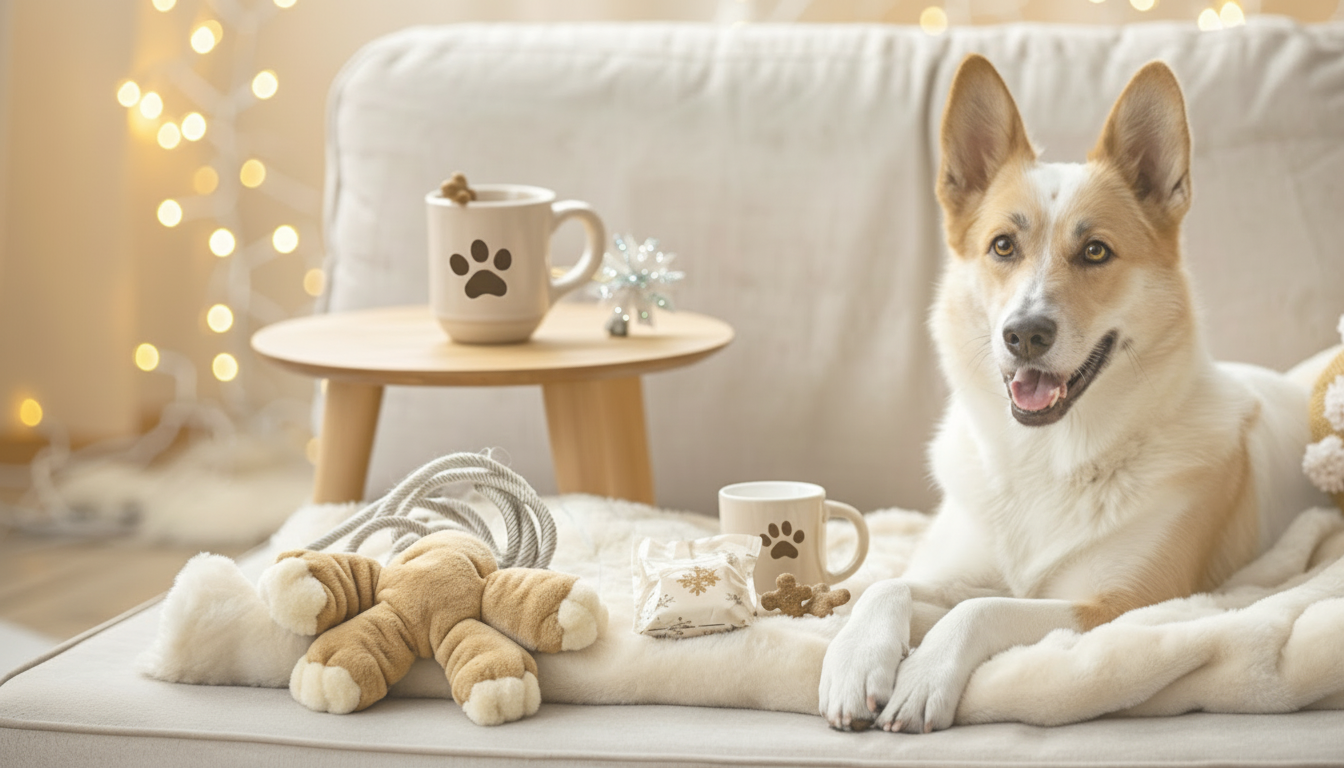 Dog lying on a couch with a mug, plush toy, and decorative items in a cozy living room.