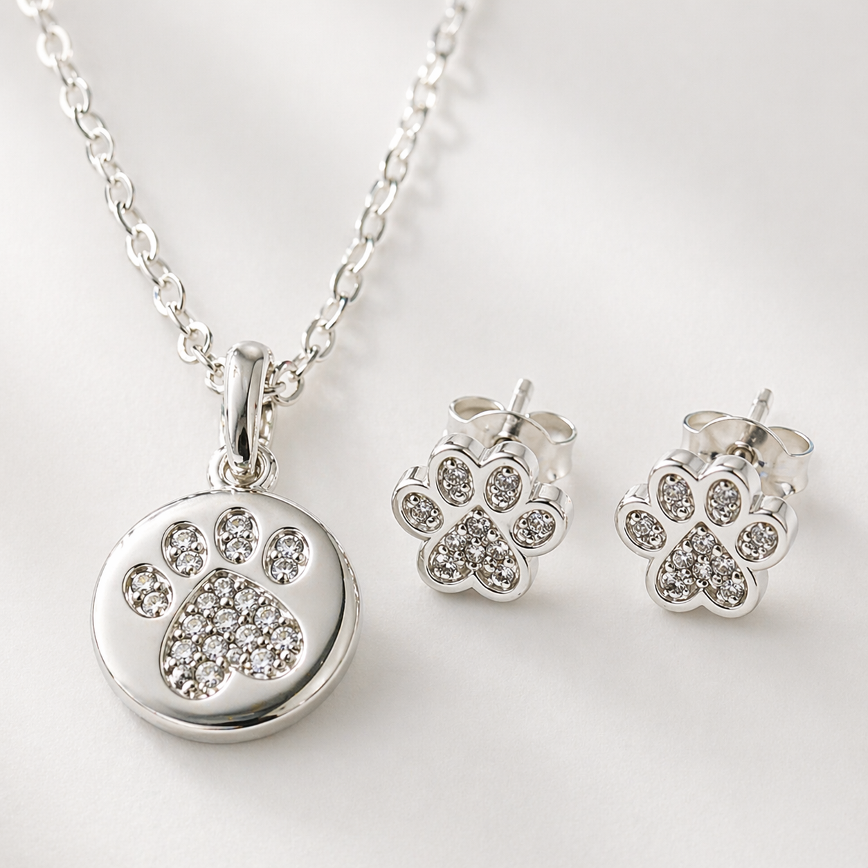 Sterling Silver Paw Print Necklace & Earring Gift Set for Dog Moms & Pet Lovers