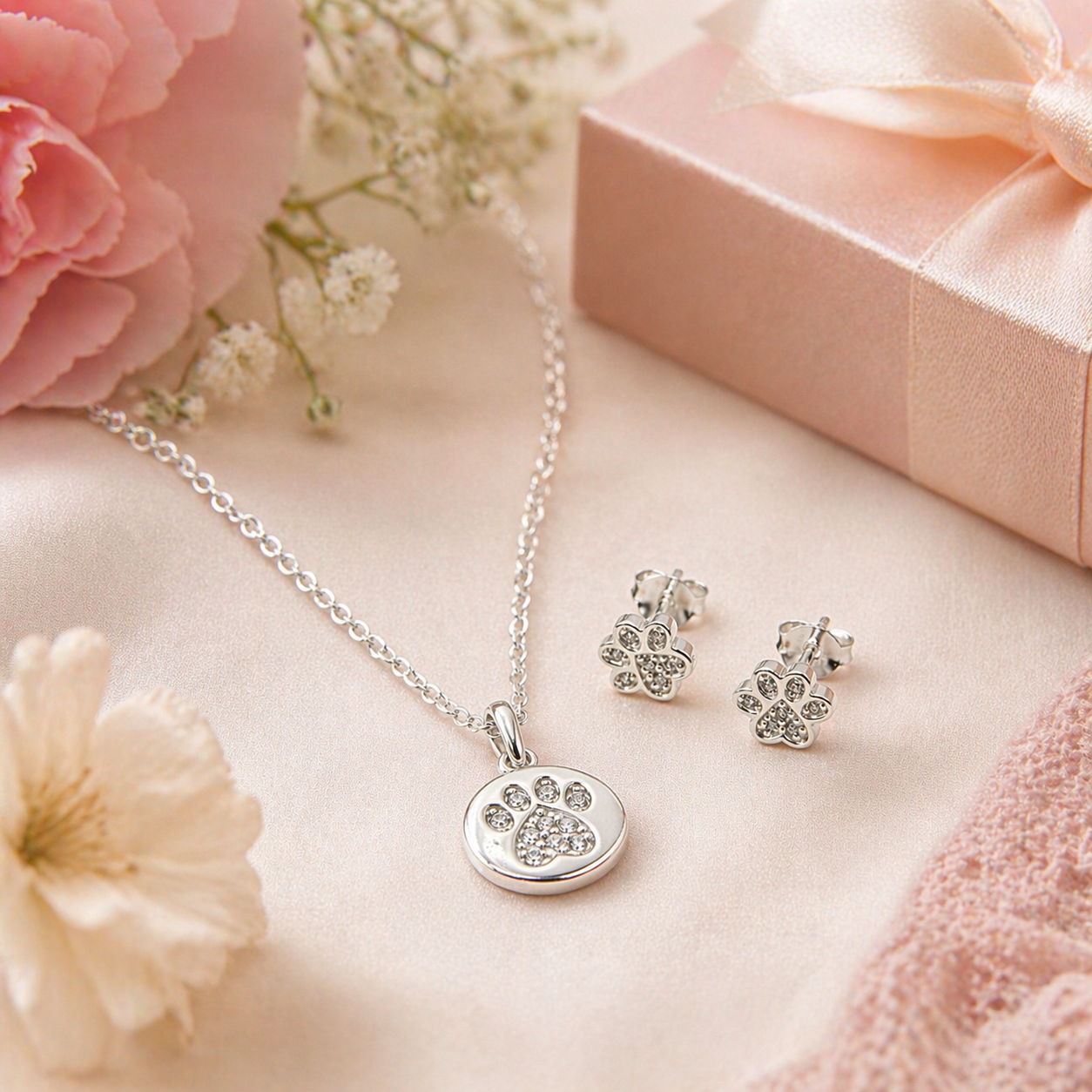 Sterling Silver Paw Print Necklace & Earring Gift Set for Dog Moms & Pet Lovers