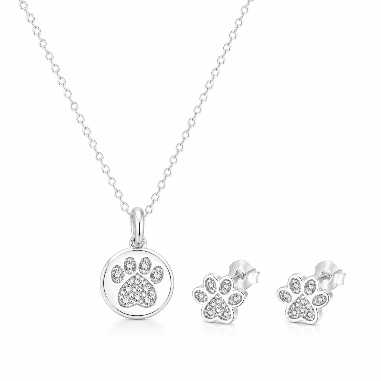 Sterling Silver Paw Print Necklace & Earring Gift Set for Dog Moms & Pet Lovers