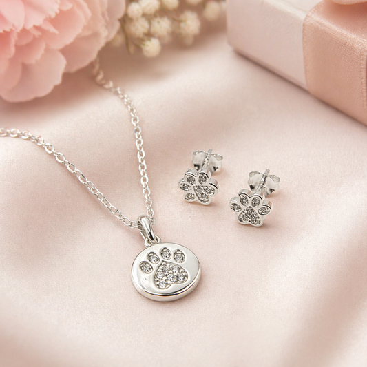 Sterling Silver Paw Print Necklace & Earring Gift Set for Dog Moms & Pet Lovers