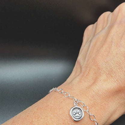 Sterling Silver Paw Medallion Charm Bracelet + Puff Heart